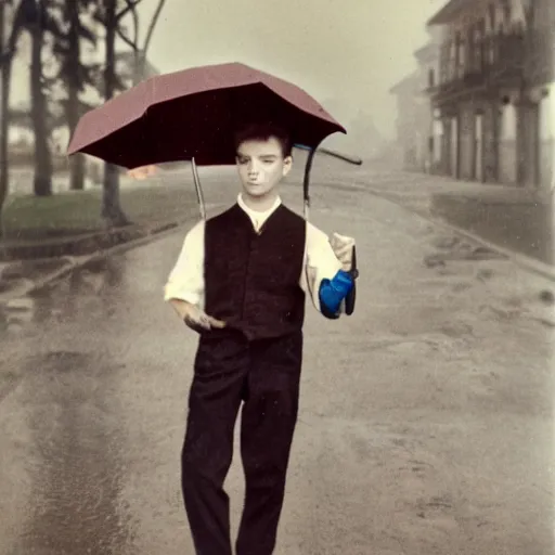 Image similar to young man holding an umbrella, 14mm high-resolution color photo