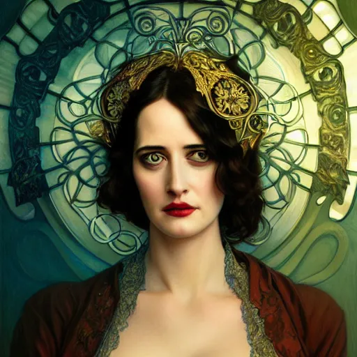 Image similar to beautiful detailed picture of eva green, fully clothed, radiant light, art nouveau, intricate, elegant, highly detailed, symmetrical face, my rendition, digital painting, artstation, concept art, smooth, sharp focus, illustration, art by artgerm and greg rutkowski and alphonse mucha