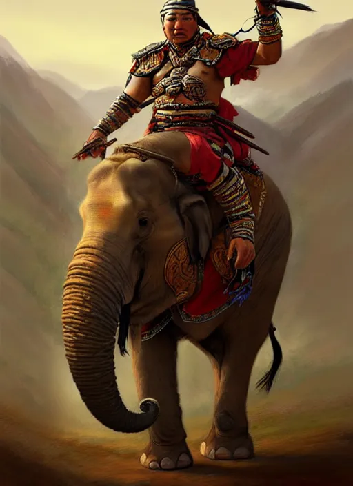 Image similar to portrait of a tai ethnic warlord rides an asian war elephant with emotional movement in the battlefield, historical, tai ethnic decoration, elegant, loin cloth, highly detailed, oil painting, artstation, concept art, matte, sharp focus, illustration, hearthstone, art by earl norem