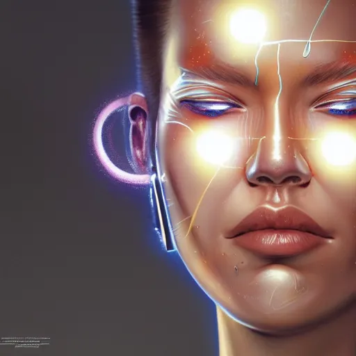 Image similar to cyborg sweating, big drops of sweat, forehead only, by Hajime Sorayama, airbrush art, beautiful face, highly realistic, star flares, trending on artstation, beautiful lighting, sharp, details, hyper-detailed, HD, HDR, 4K, 8K