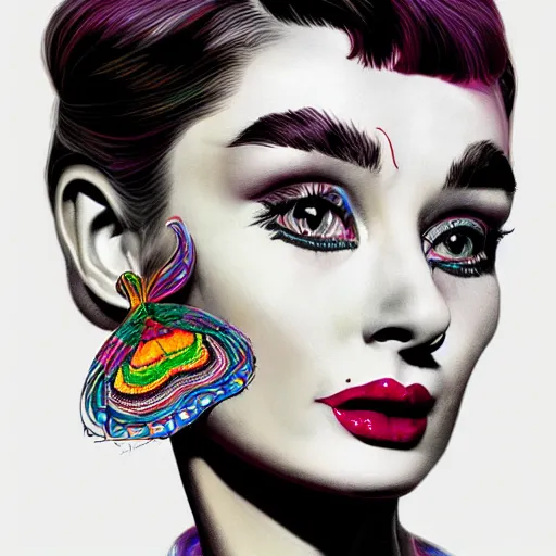 Image similar to An extremely psychedelic portrait of Audrey Hepburn, surreal, LSD, face, detailed, intricate, elegant, lithe, highly detailed, digital painting, artstation, concept art, smooth, sharp focus, illustration