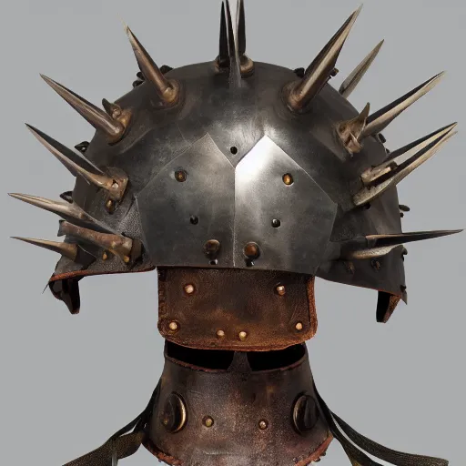 Prompt: A jagged iron helm, with leather straps and iron spikes