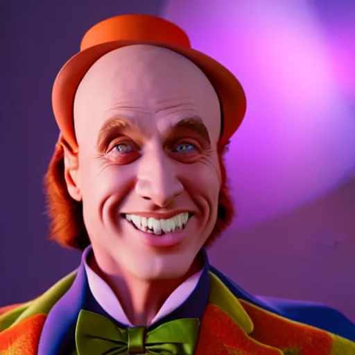 Image similar to still photo of willy wonka, bright studio setting, studio lighting, crisp quality and light reflections, unreal engine 5 quality render