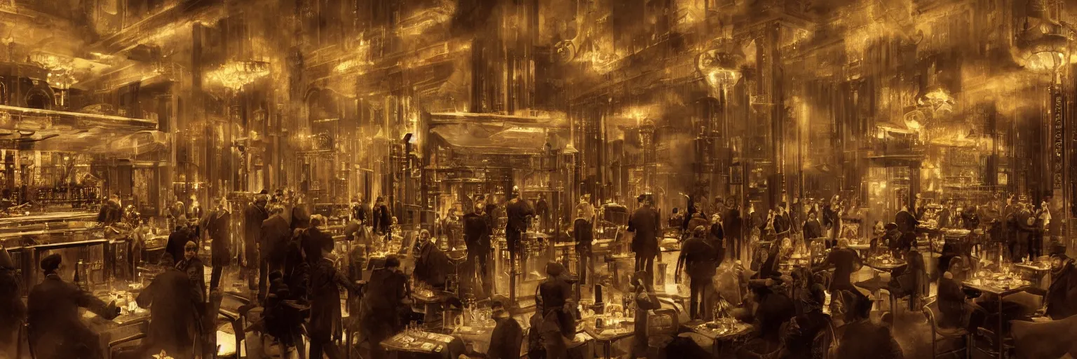 Image similar to Babylon Berlin. Night. Inside a crowded Art deco restaurant. Berlin, late golden 1920s. Gropius. Metropolis. Mist. Highly detailed. Hyper-realistic. Cheerful. Merry mood. Matte painting in the style of Craig Mullins