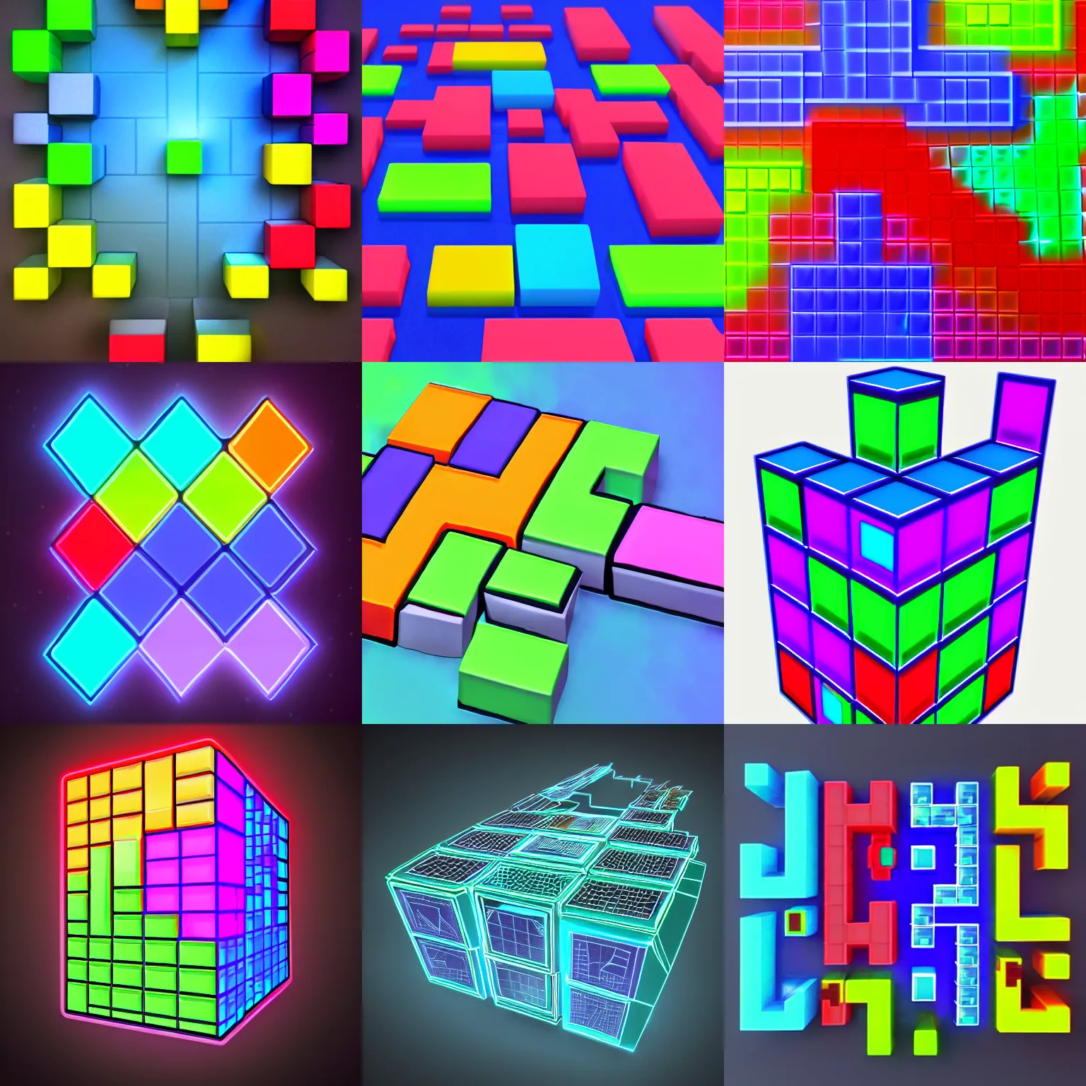 Prompt: tetris game, neon, future, 3d, artstation, 1980