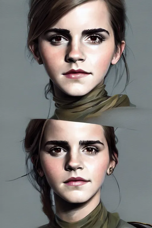 Prompt: a professionally painted portrait of a beautiful Emma Watson, clothed in military armor, olive skin, long dark hair, beautiful bone structure, symmetrical facial features, intricate, elegant, digital painting, trending on Artstation, concept art, smooth, sharp focus, illustration, from Metal Gear by Ruan Jia and Mandy Jurgens and Artgerm and William-Adolphe Bouguerea, award winning