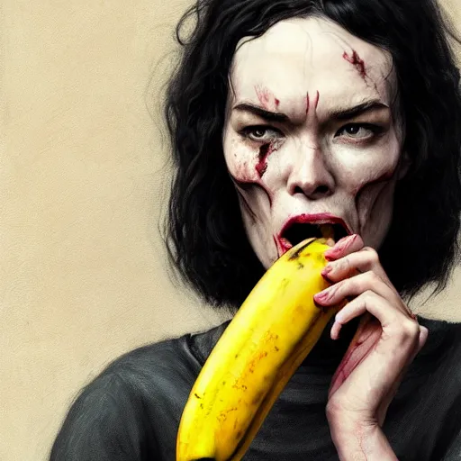 Image similar to color head portrait of lena headey eating a banana as a zombie, 7 days to die zombie, gritty background, fine art, award winning, intricate, elegant, sharp focus, cinematic lighting, digital painting, 8 k concept art, art by michael hussar, art by brom, art by guweiz and z. w. gu, 8 k