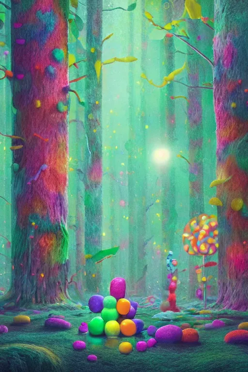 Image similar to a matte digital painting of a candy forest at night, bokeh, bright colours, watercolor, volumetric wool felting, macro photography, children illustration, by alex grey and goro fujita