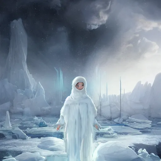 Image similar to a hyperrealistic illustration of a human in the Arctic, white long clothes, snow on the body, blue transparent ice with fractal sunlight, award-winning, masterpiece, in the style of Tom Bagshaw, Cedric Peyravernay, Peter Mohrbacher