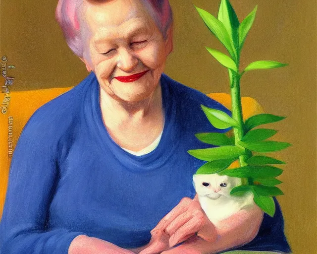 Image similar to detailed portrait of a happy old lady and her plant cat , Edward Hopper, sharp high quality