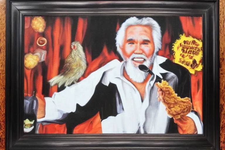 Image similar to black velvet painting of kenny rogers with fried chicken in frame