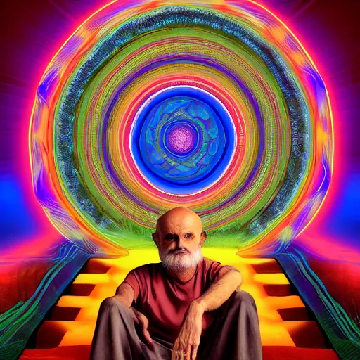 Prompt: psychedelic portrait of ram dass sitting crisscross, background by Alex Grey, intricate, highly detailed, cinematic lighting, 4k, hyperrealistic, unreal engine