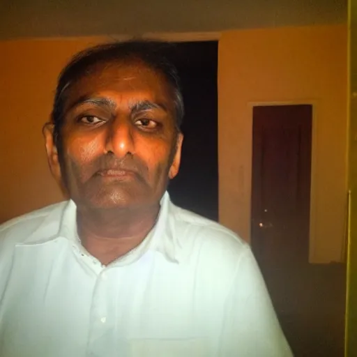 Prompt: my indian dad accidentally taking a selfie with the flash enabled, squinting because the flash is so bright in his face