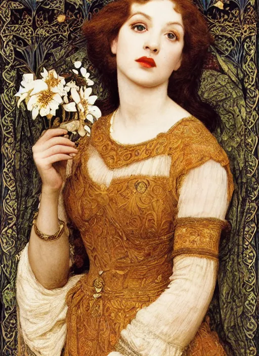 Prompt: masterpiece of intricately detailed preraphaelite photography portrait face hybrid of bety page and a hybrid of judy garland and a hybrid of jackie kennedy and ingrid bergman, sat down in train aile, inside a beautiful underwater train to atlantis, betty page fringe, medieval dress yellow ochre, by william morris ford madox brown william powell frith frederic leighton john william waterhouse hildebrandt