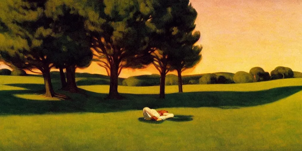 Image similar to killing biblical Matthew with a scream on a pleasant meadow with trees and bushes, at the sunset, art by Edward Hopper