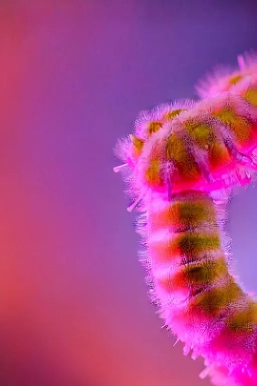 Image similar to high quality macro close-up translucent fluffy caterpillar! gorgeous highly detailed hannah yata elson peter cinematic pink lighting high quality low angle hd 8k sharp shallow depth of field