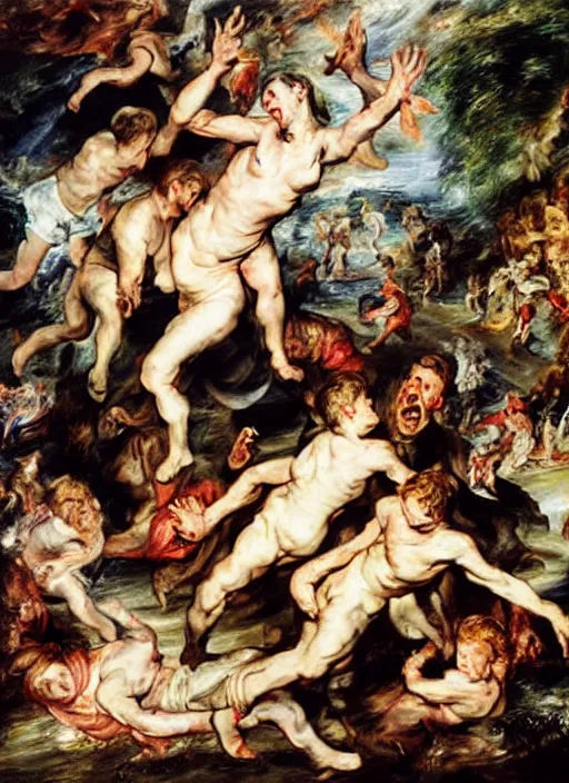 Image similar to adventure playground accident, adventure playground accident, adventure playground accident, adventure playground accident, adventure playground accident, adventure playground accident, oil on canvas by peter paul rubens. style fall of the damned by peter paul rubens