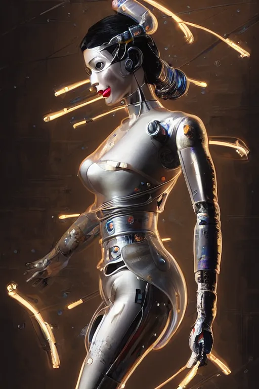 Image similar to Photorealistic illustration, full body geisha cyborg woman, with fashion clothe, six digital eyes by sorayama , cyberpunk 2077, sci-fi, futuristic, intricate, elegant, highly detailed, digital painting, artstation, concept art, smooth, sharp focus, art by artgerm, greg rutkowski and alphonse mucha