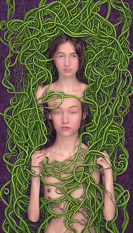 Prompt: very detailed portrait of a 2 0 years old girl surrounded by tentacles, the youg woman visage is blooming from fractal and vines, by david eichenberg