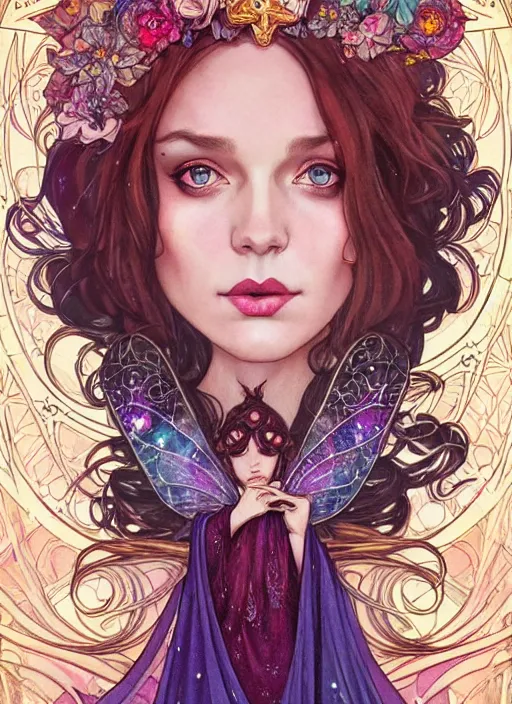 Image similar to fantastic portrait of a beautiftul witch with some shinny star, cloak, royally decorated crystal gemstones, symmetrical face, art nouveau, portrait, cute, fairy, by artgerm, kelly mckernan, greg rutkowski, alphonse mucha, detailed background, artstation, intricate, elegant, highly detailed, colorful, maximalist