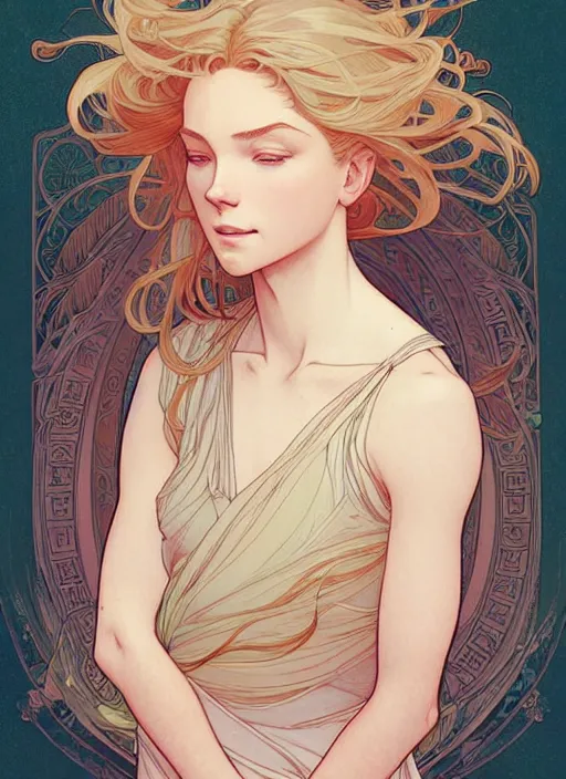 Image similar to pretty young man with shoulder length blond hair, half body shot, path traced, highly detailed, high quality, digital painting, by studio ghibli and alphonse mucha, leesha hannigan, hidari, disney, art nouveau, android jones, andreas rocha, conrad roset