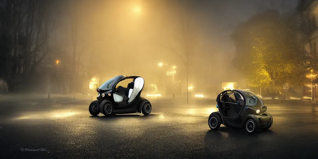 Prompt: parked renault twizy, fog, rain, volumetric lighting, beautiful, golden hour, sharp focus, highly detailed, cgsociety