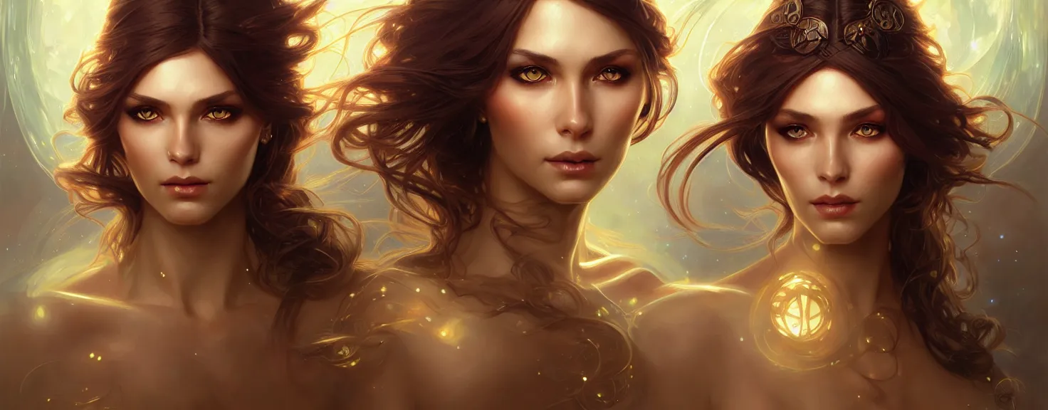 Image similar to fantasy magic woman portrait, sci-fi, amber eyes, face, long hair, fantasy, intricate, elegant, highly detailed, digital painting, artstation, concept art, smooth, sharp focus, illustration, art by artgerm and greg rutkowski and alphonse mucha