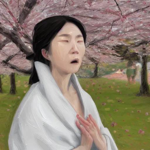 Prompt: a crying woman in a white gown kneeling at a beautiful shrine under a cherry blossom tree, rainy wet, ultradetailed, hd 8 k, oil on canvas, detailed brushstrokes