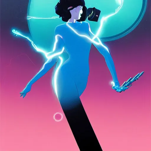 Image similar to A conceptual art. A rip in spacetime. Did this device in her hand open a portal to another dimension or reality?! electric blue by Tomer Hanuka lively