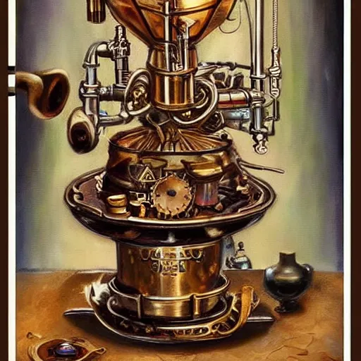 Image similar to Beautiful steampunk mechanical coffee machine, detailed oil painting