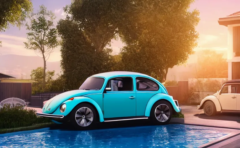 Image similar to a vw beetle parked near a modern small house with a pool at sunrise, concept art, octane render, unreal engine 5, trending on artstation, high quality, highly detailed, 8 k, soft lighting, path traced, godrays, lens flare, hyperrealistic, symmetrical, low contrast, digital art, beautiful, elegant