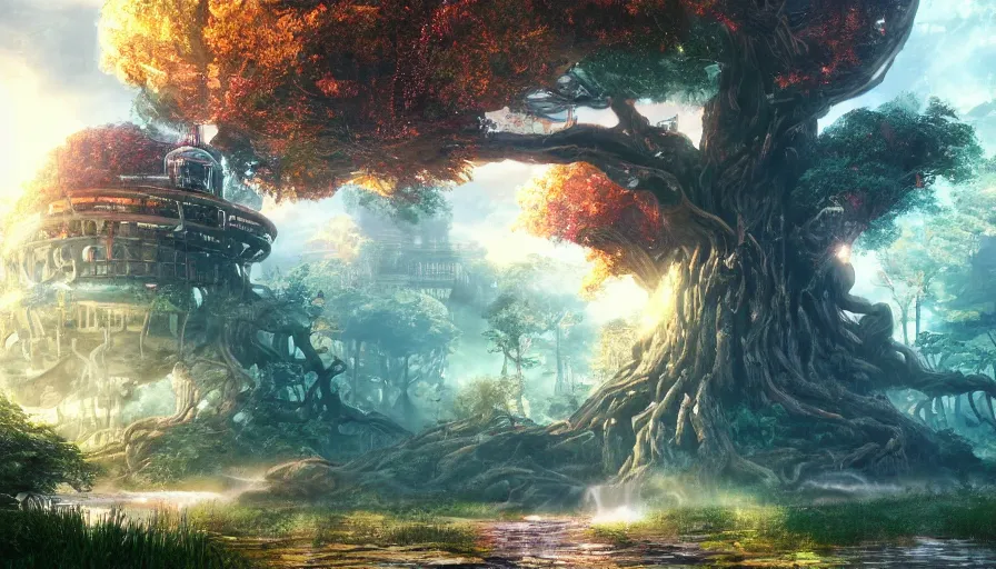 Image similar to ben lo illustration of the largest tree in the world under invisible force field, bioshock concept art, solarpunk, hopeful, colorful, unreal engine, hyper realism, realistic shading, cinematic composition, realistic render, octane render, detailed textures, photorealistic, wide shot