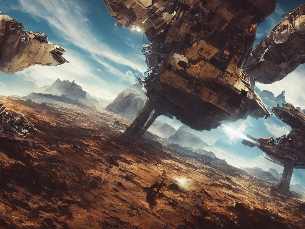 Image similar to Retro futuristic damaged walker jumps over a rift. Panorama view of an extraterrestrial landscape by Kilian Schönberger. highly detailed, sharp focus, illustration, cinematic lighting, Unreal Engine 5