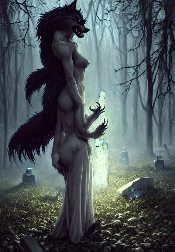 Image similar to Encounter with a feral werewolf at a spooky old cemetery, gravestones, tombstones, angel statues, fantasy magic, dark light night, intricate, elegant, sharp focus, illustration, highly detailed, digital painting, concept art, matte, art by WLOP and Artgerm and Greg Rutkowski and Alphonse Mucha, masterpiece