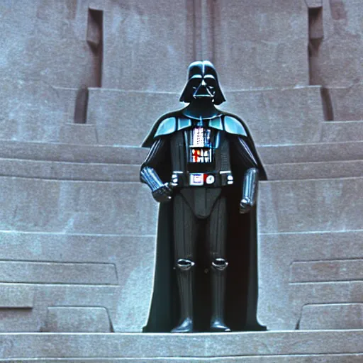 Prompt: large darth vader statue made of stone outstide sith temple cinematic film still from the 1 9 8 3 movie the lost jedi, rian johnson, anamorphic 2 4 mm lens, kodak film, moody cinematography