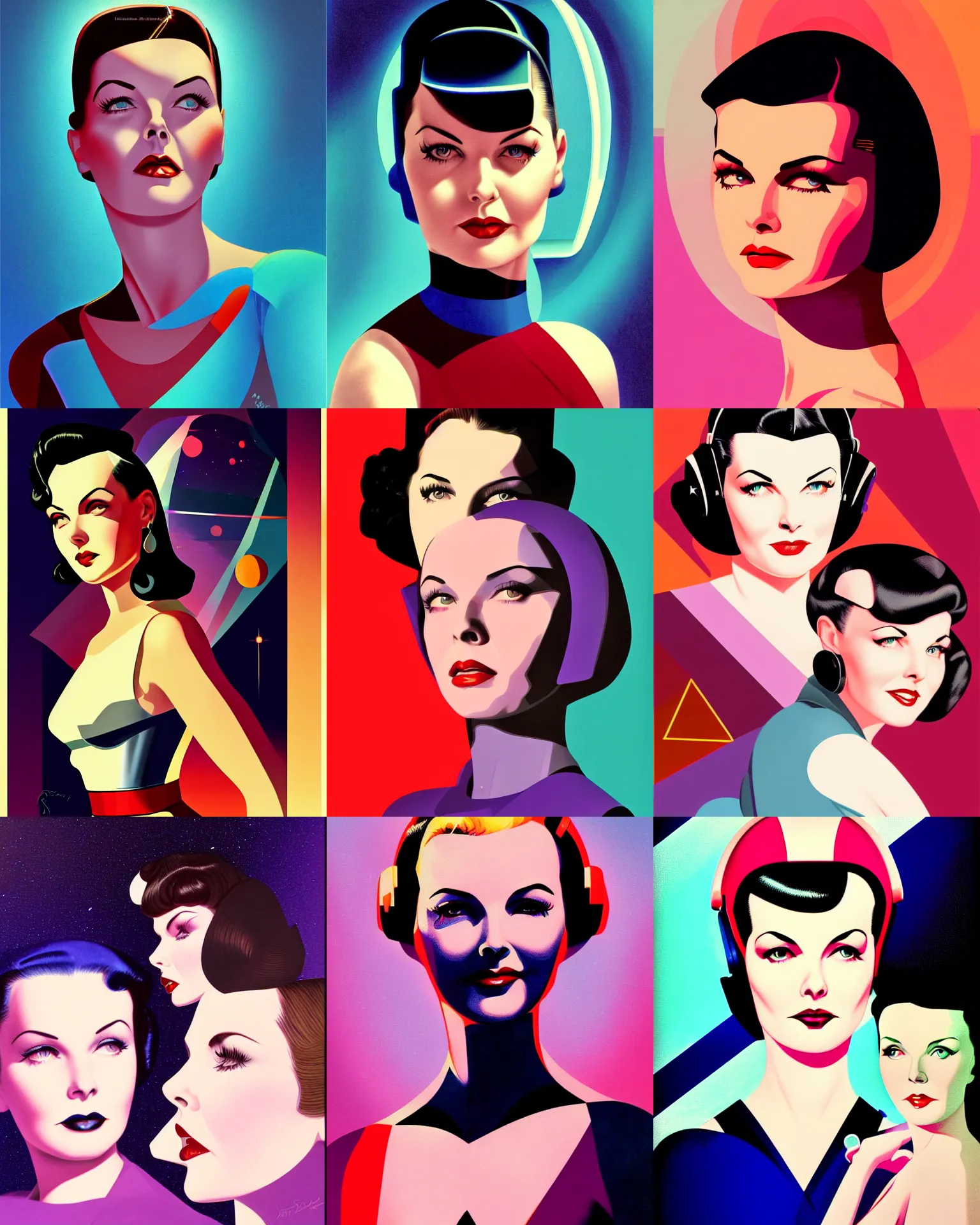 Prompt: sherilyn fenn and mary louise brooks 2 2 years old space woman, retro futurism, 1 9 5 0 s scifi, half portrait by stanley artgerm, dramatic lighting, ilya kuvshinov, trending on artstation, flat colour, geometric curves, gradient filter, pleasing tone colours