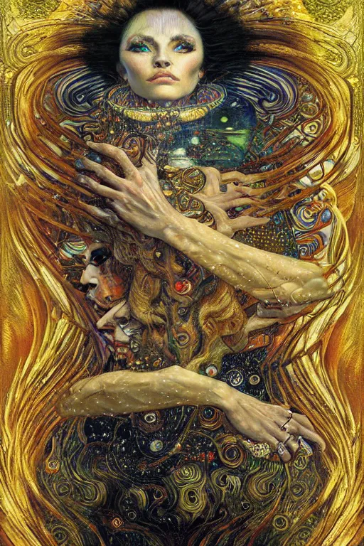 Image similar to Divine Chaos Engine by Karol Bak, Jean Deville, Gustav Klimt, and Vincent Van Gogh, beautiful visionary mystical portrait, sacred, otherworldly, fractal structures, ornate gilded medieval icon, third eye, spirals