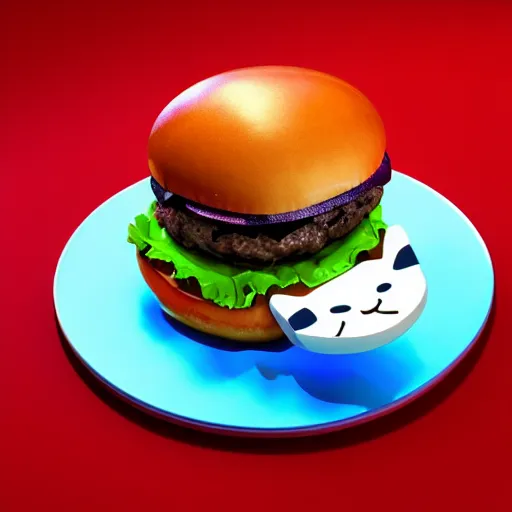 Image similar to a burger in the shape of a cat, with fries, volumetric lighting, 4 k