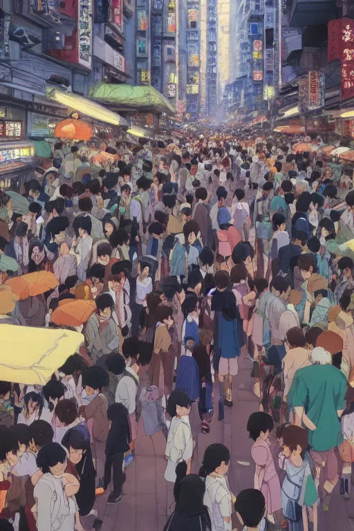 Image similar to Still from Studio Ghibli movie 'Lost in Crowded Tokyo', very detailed, focused, oil painting, colorful, canvas, artstation, Antoine Pierre Mongin