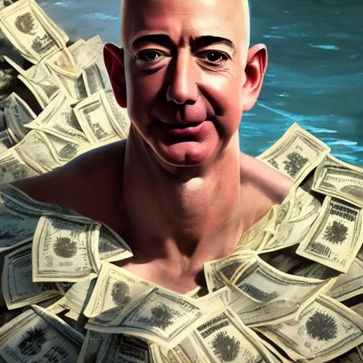 Image similar to jeff bezos swimming in a pool of cash, 4 k, photography, extremely detailed, digital art, trending on artstation, greg rutkowski, cinematic lighting, hyperrealistic