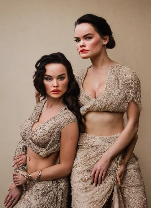 Prompt: portrait of lindsey pelas and daisy ridley wearing kebaya, by charlotte grimm, natural light, detailed face, beautiful features, symmetrical, canon eos c 3 0 0, ƒ 1. 8, 3 5 mm, 8 k, medium - format print,