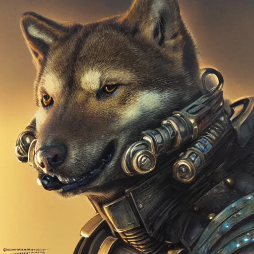 Prompt: wearing warhammer 4 0 0 0 0 emperor armor realistic anthropomorphic shiba inu scifi cyberpunk, visible face closeup portrait art by donato giancola and greg rutkowski, vintage retro scifi, realistic face, digital art, trending on artstation, symmetry