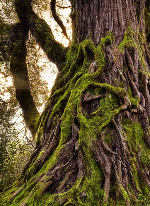 Image similar to photograph of hyperrealistic hyperdetailed ancient tree morphing into a beautiful kind face covered with bark and moss, in a dark mysterious forest at sunset