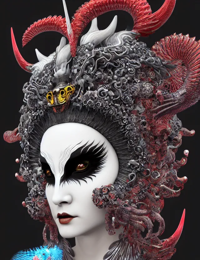 Image similar to 3 d goddess close - up profile satan biohazard portrait with crown, ram skull. beautiful intricately detailed japanese crow kitsune mask and clasical japanese kimono. betta fish, jellyfish phoenix, bio luminescent, plasma, ice, water, wind, creature, artwork by tooth wu and wlop and beeple and greg rutkowski