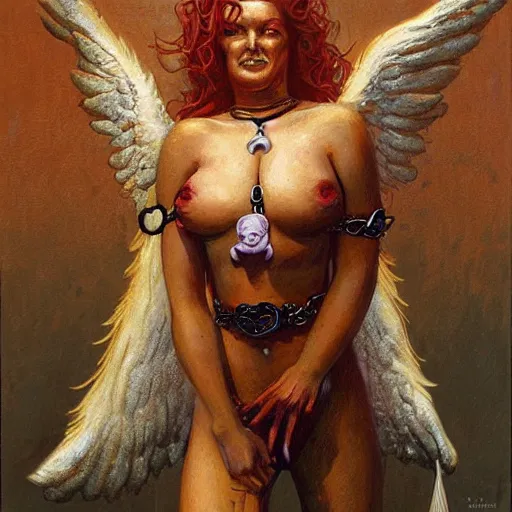 Image similar to angelical woman with her chained giant monster pet, by gerald brom