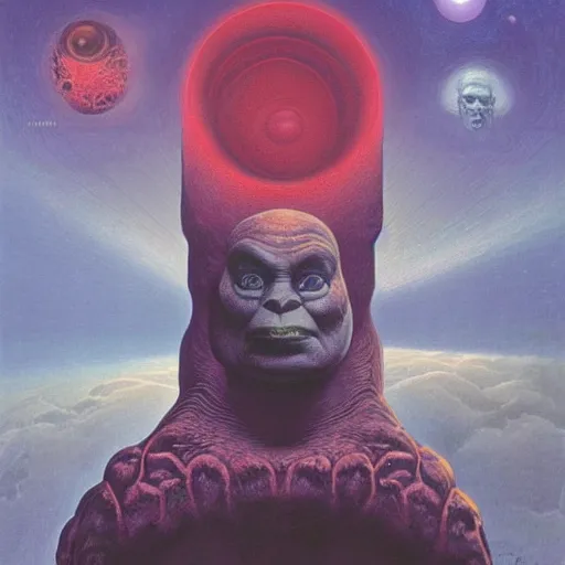 Image similar to the alien transcendent cosmic Shrek that awaits you at the end of all of space and time, by Gerald Brom and zdzisław beksiński