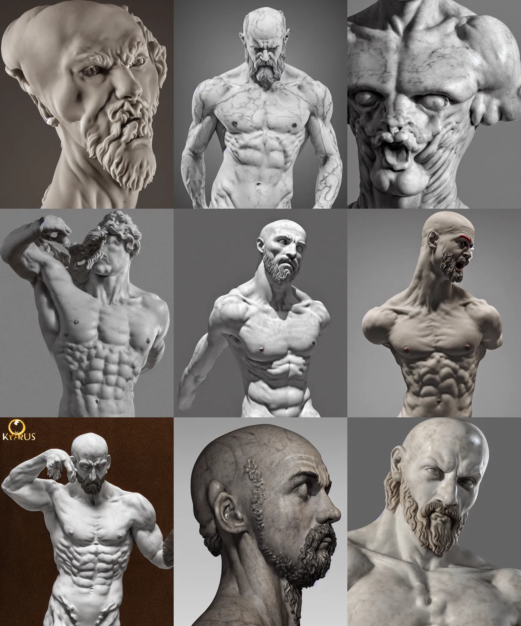 Prompt: rococo style upper torso marble statue of kratos dramatic lighting, symmetrical facial features, symmetrical face, defined facial features