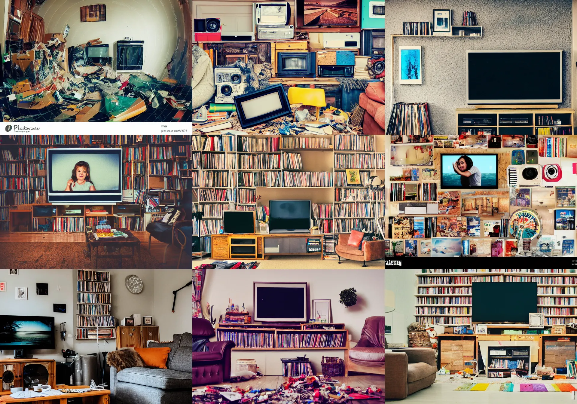 Prompt: home photography portrait, the living room, tv, dvd package , cable, cardboards ; mess, dirty, summer, Color VHS picture quality with mixed noise