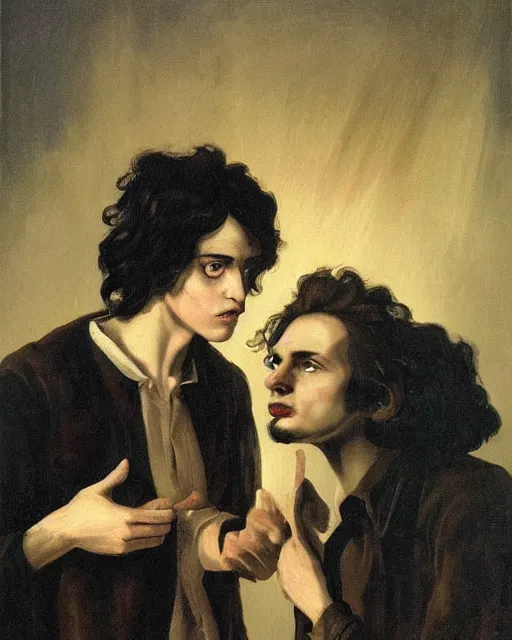 Prompt: a baroque painting of two beautiful but sinister young men wearing oxford shirts in layers of fear, with haunted eyes and dark hair, 1 9 7 0 s, seventies, wallpaper, a little blood, moonlight showing injuries, delicate embellishments, painterly, offset printing technique, by brom, robert henri, walter popp