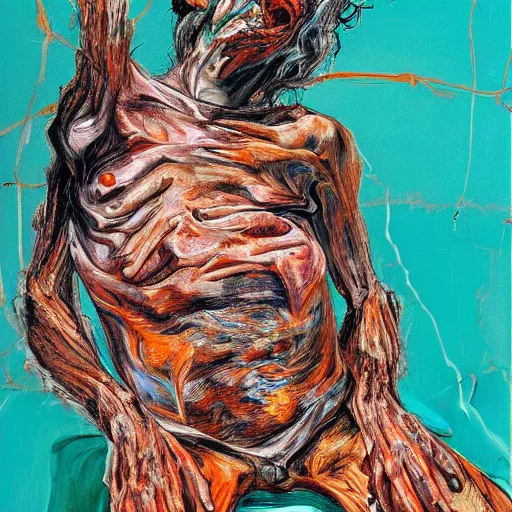 Image similar to high quality high detail painting of a dark figure in agony by lucian freud and jenny saville and francis bacon, hd, dark demonic dancer, turquoise and orange